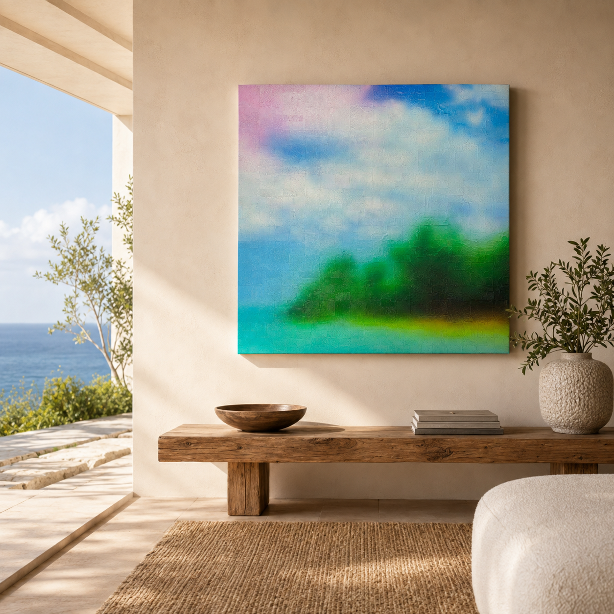 A mockup of You Could Stay painted by Laura Shape in an upscale room by the ocean.